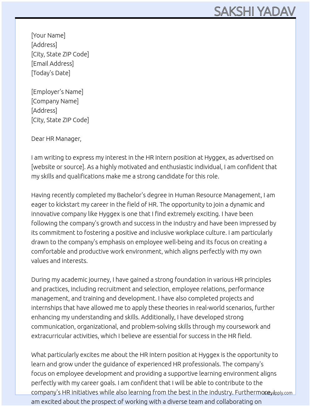 HR Intern At Hyggex Cover Letter