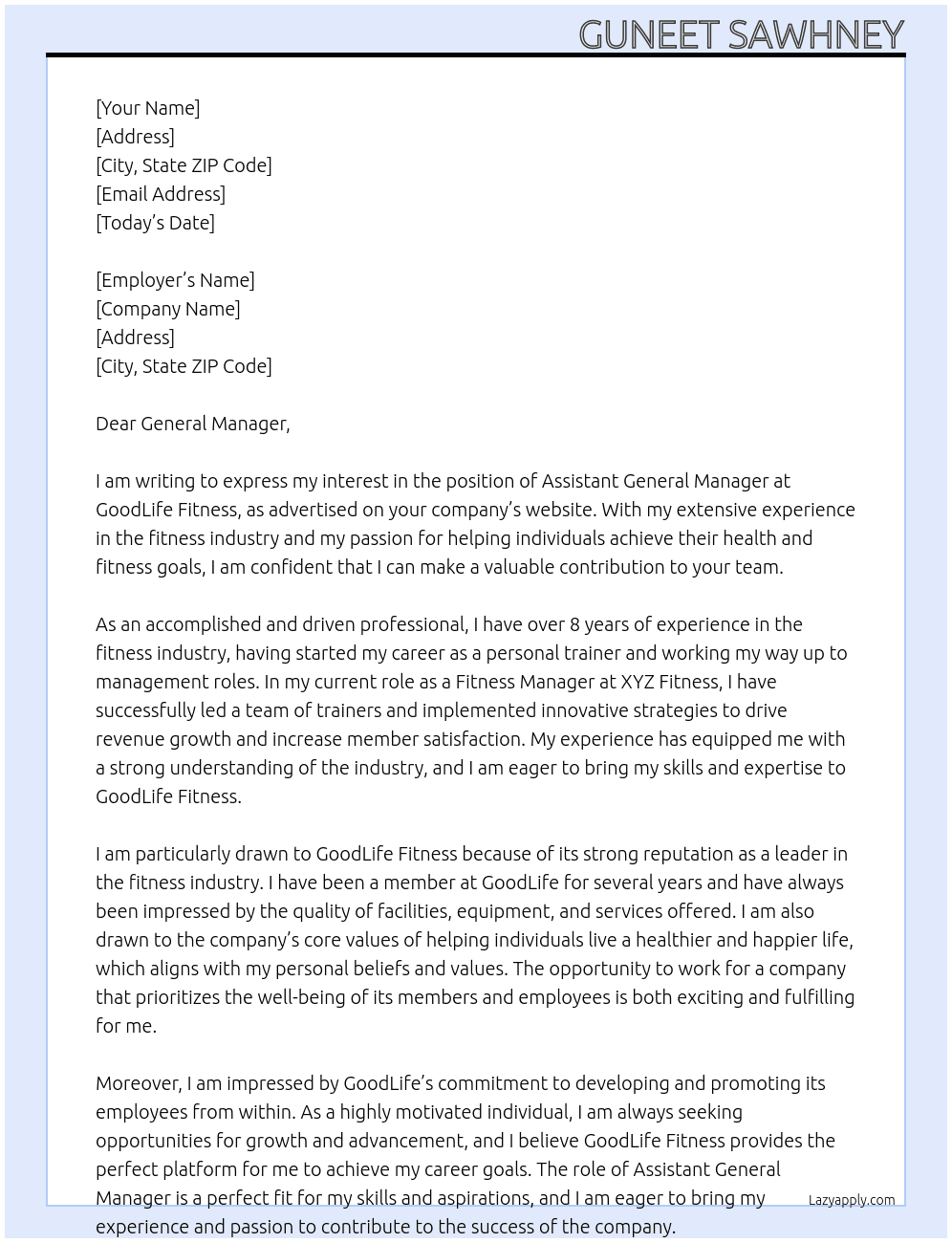Assistant general manager  At GoodLife fitness  Cover Letter