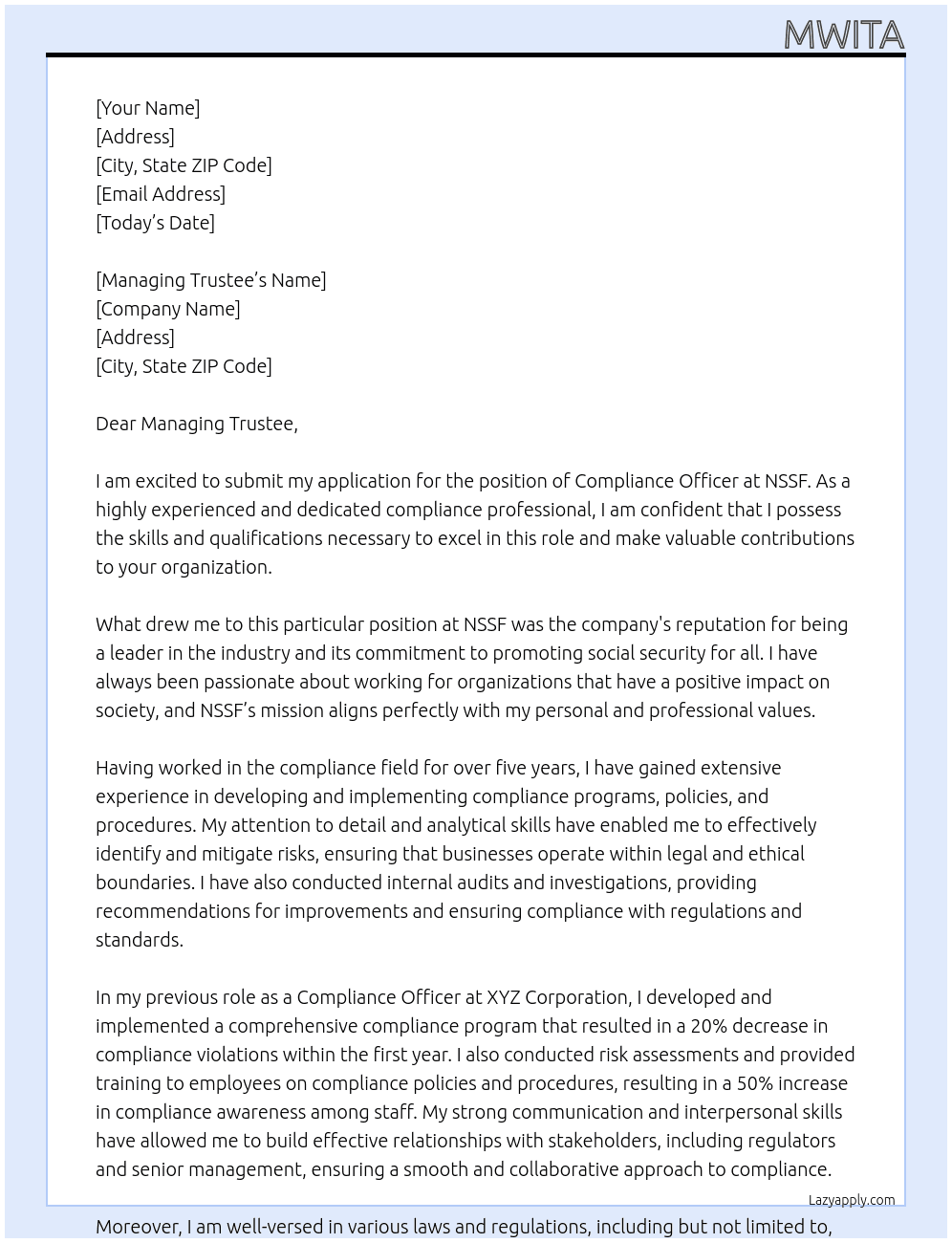 Compliance Officer At NSSF Cover Letter