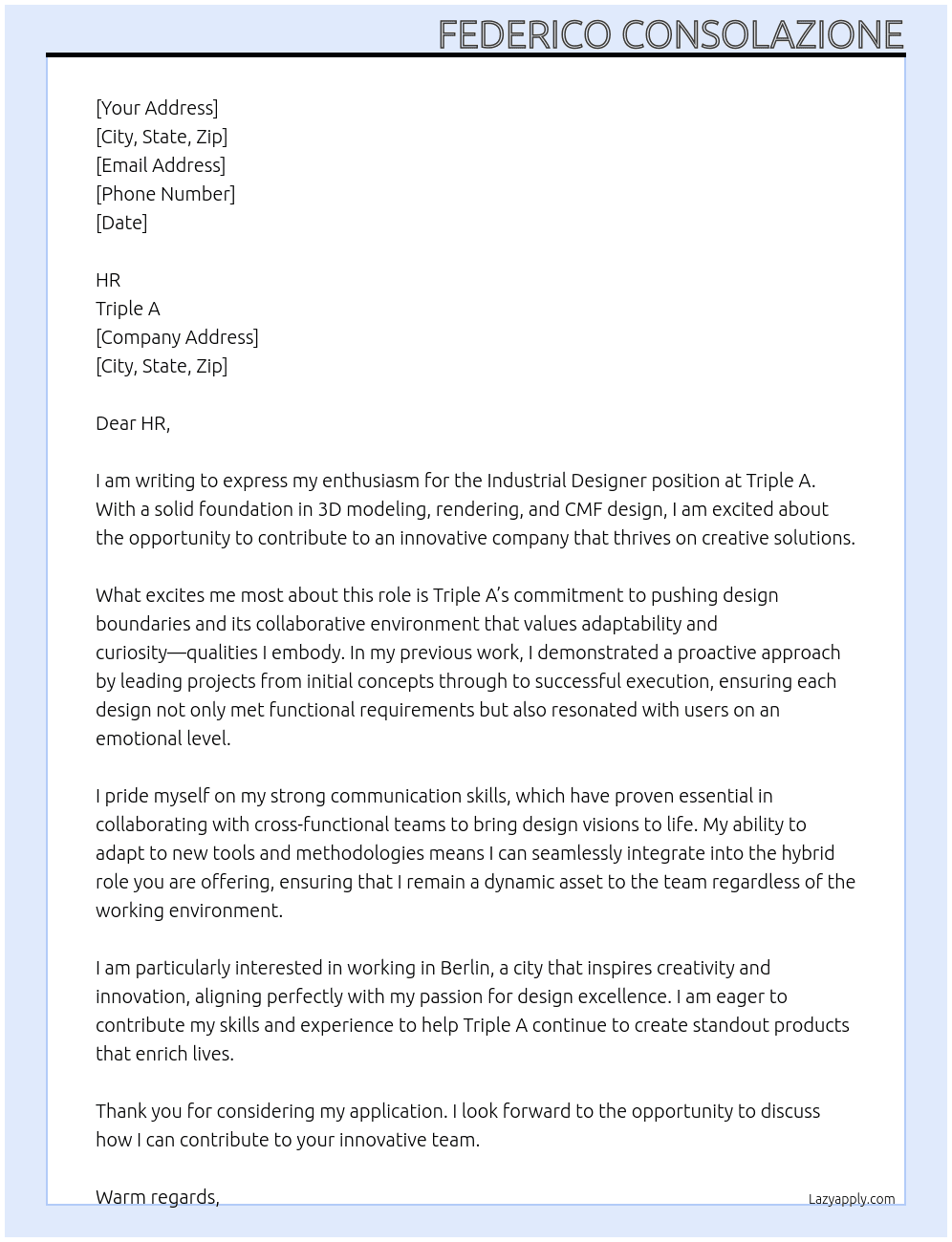 Cover letter for me. industrial designer - LazyApply