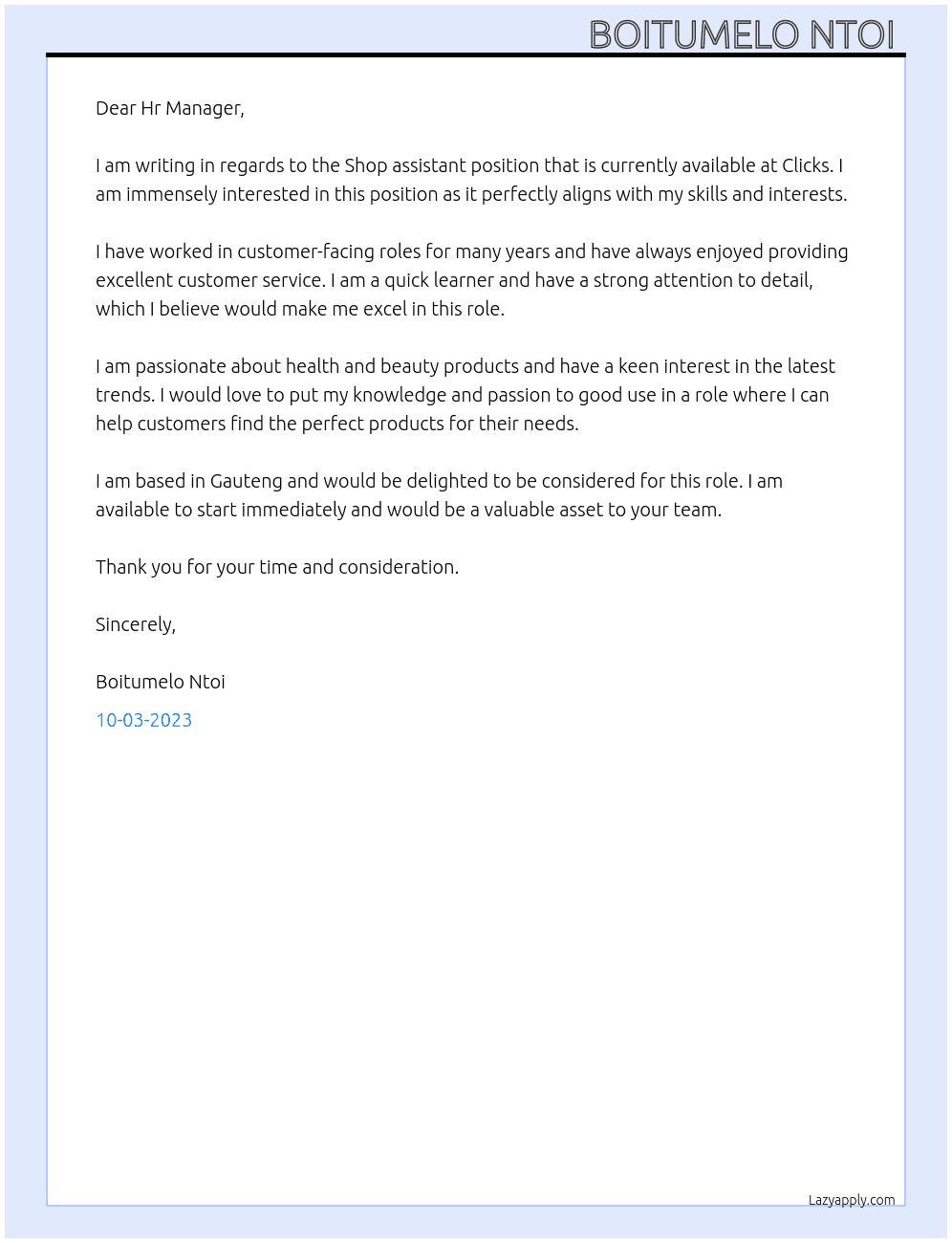 Shop assistant At Clicks Cover Letter
