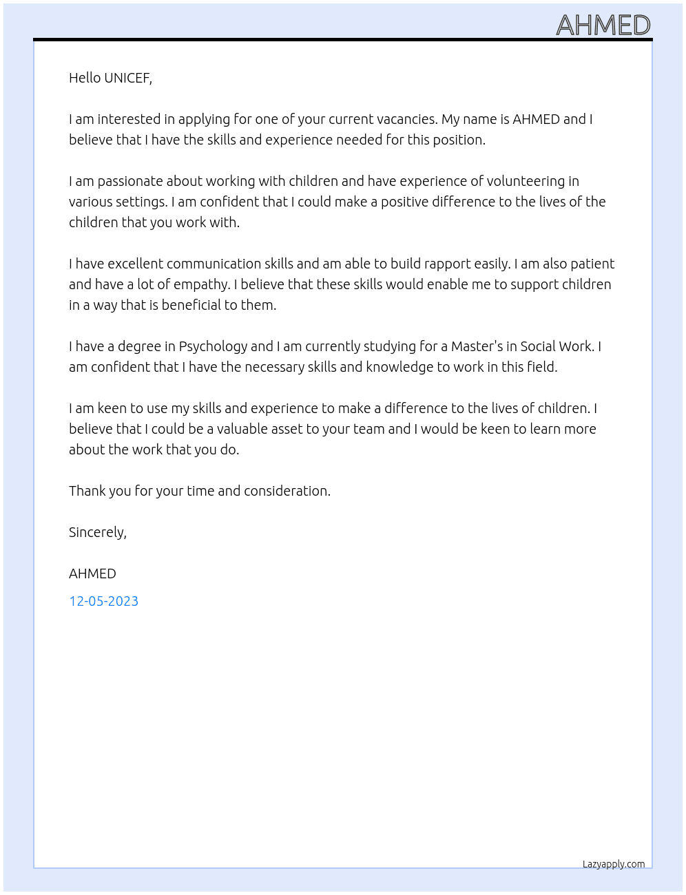 Current vacancies At UNISEF Cover Letter