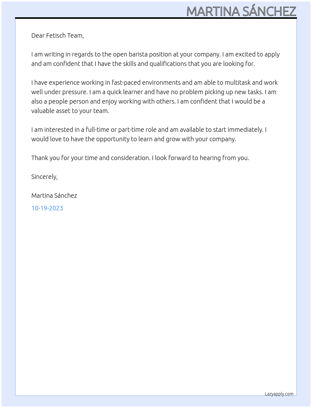 Barista At Fetisch Cover Letter