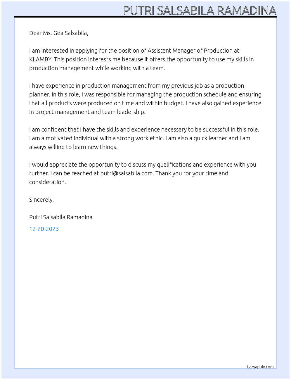 Asistant manager produksi At KLAMBY Cover Letter