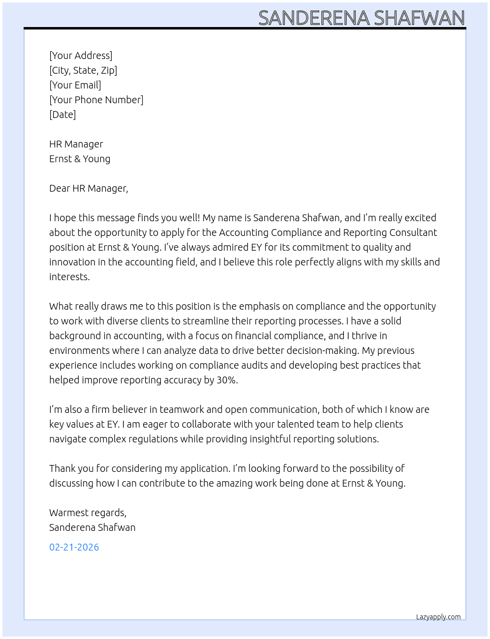 Accounting Compliance and Reporting Consultant At Ernst & Young Cover Letter