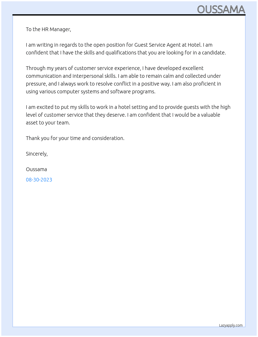 Guest Service Agent At Hotel Cover Letter
