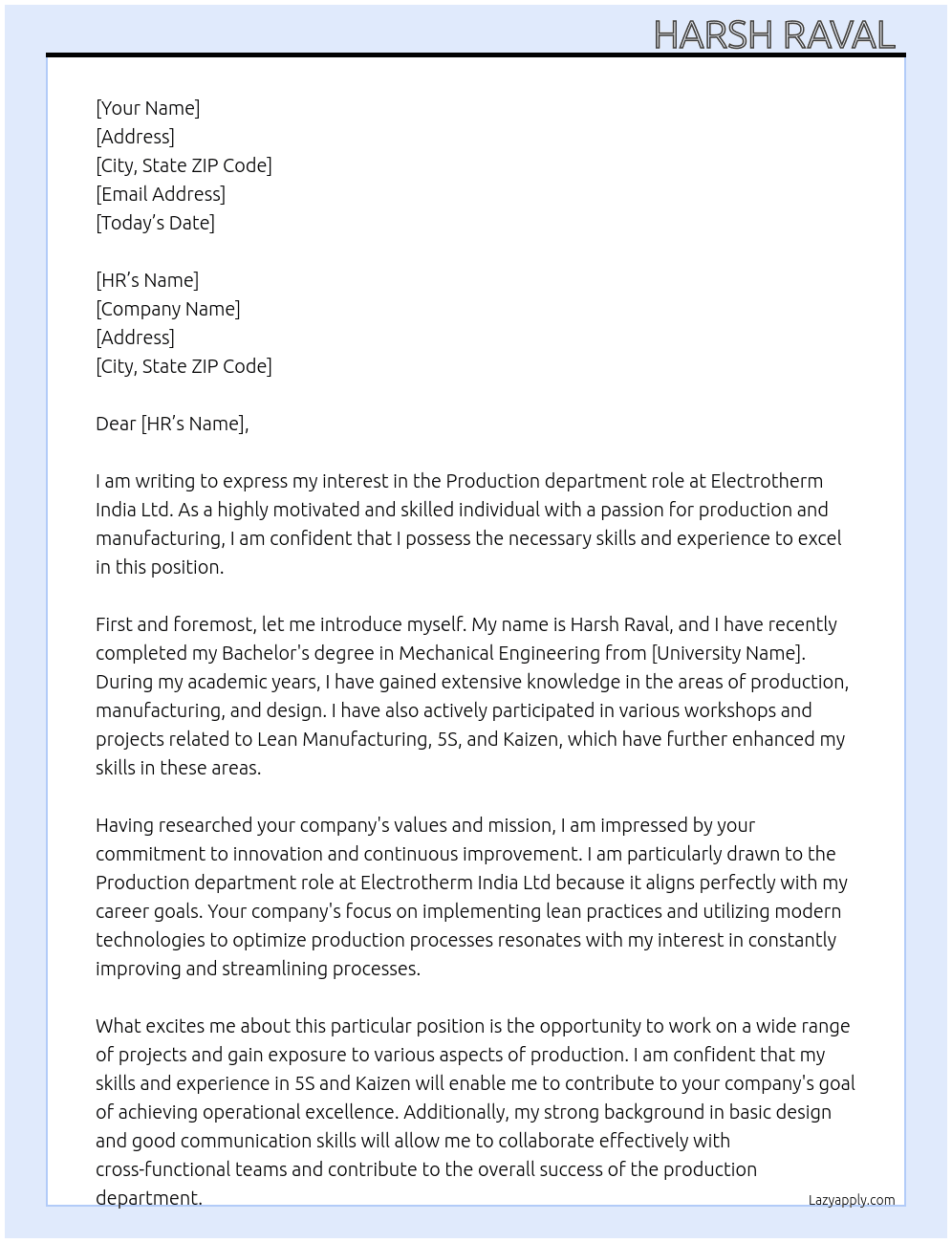 Production department  At Electrotherm India ltd  Cover Letter