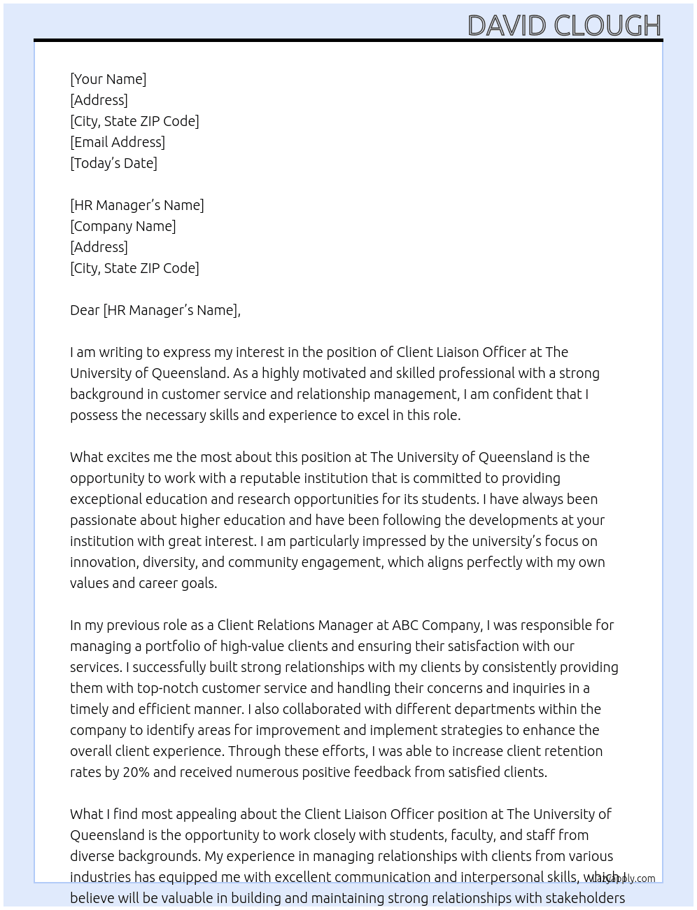 Client Liaison Officer At The University of Queensland Cover Letter