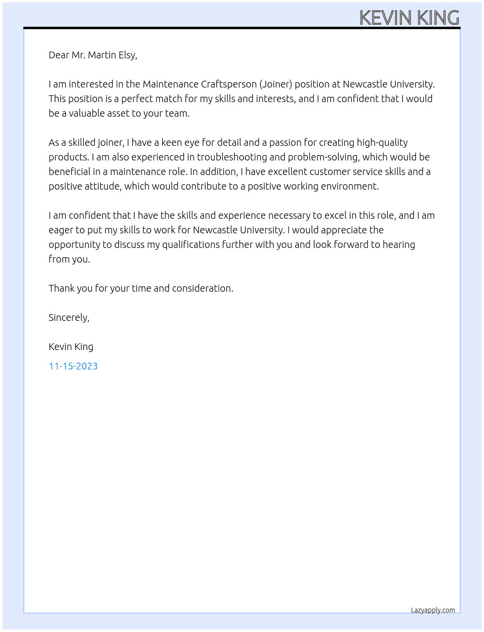 Maintenance Craftsperson (Joiner) At newcastle university Cover Letter