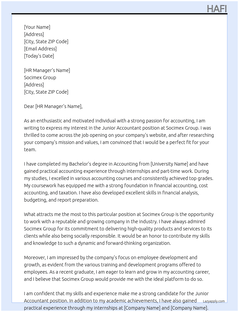 Junior accountant At Sosimex Group Cover Letter