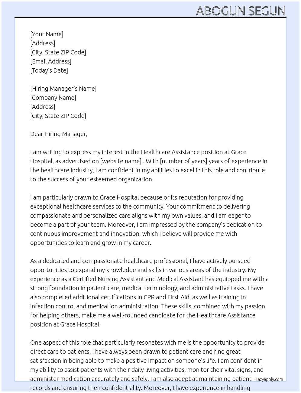 Healthcare Assistance  At Grace Hospital  Cover Letter