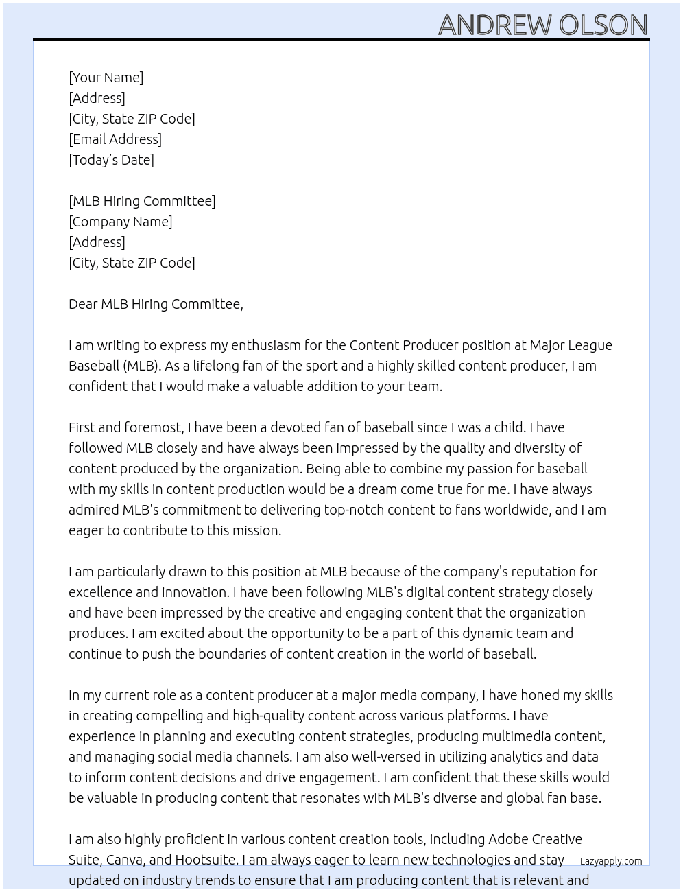 Content Producer At Major League Baseball (MLB) Cover Letter