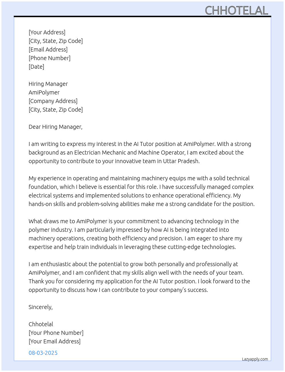 AI TUTOR  At AmiPolymer  Cover Letter
