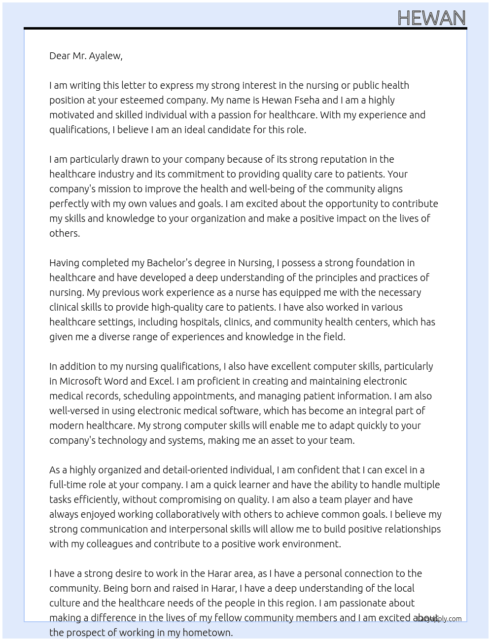 nursing or public health At Ayalew Cover Letter