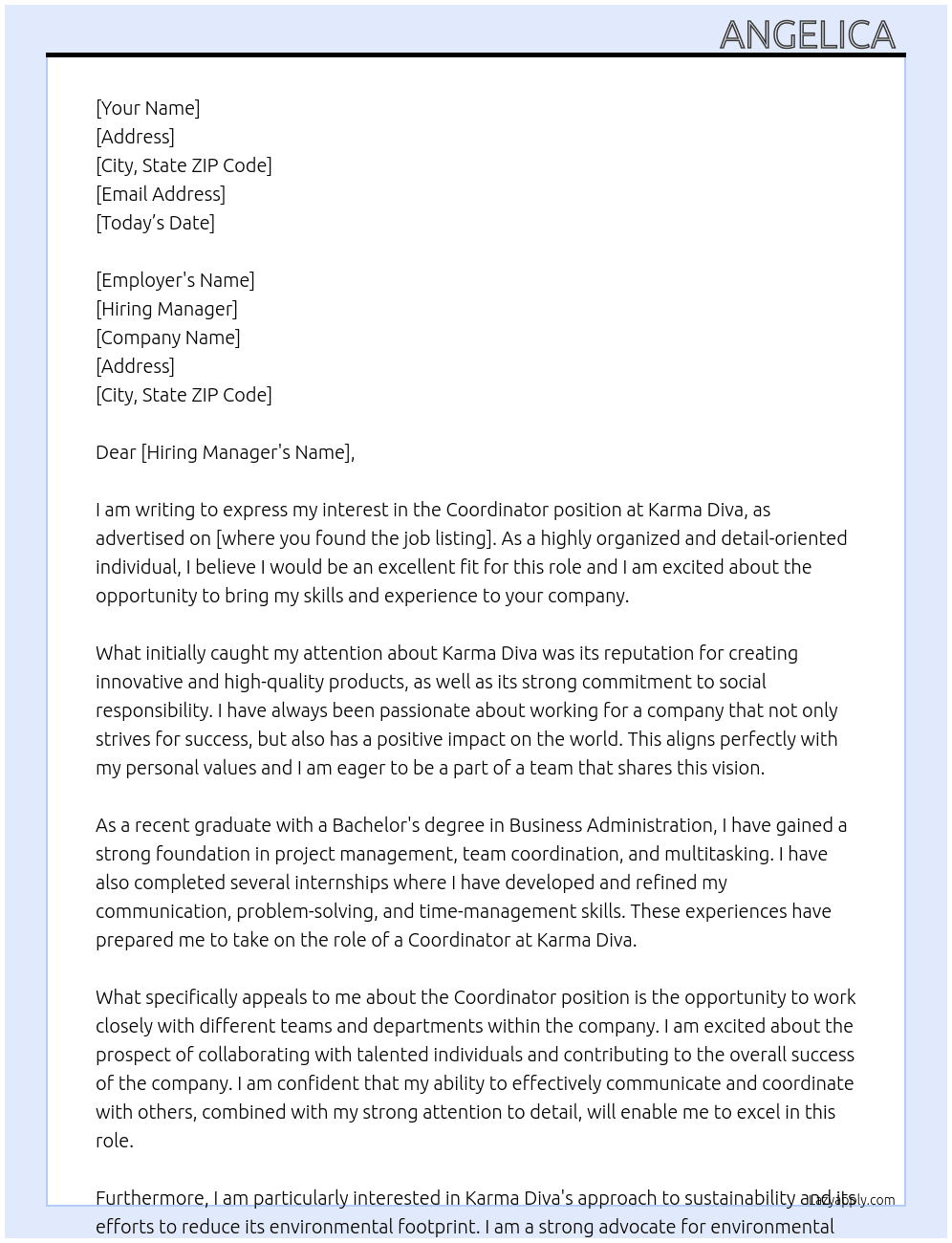 Coordinator  At Karma Diva Cover Letter