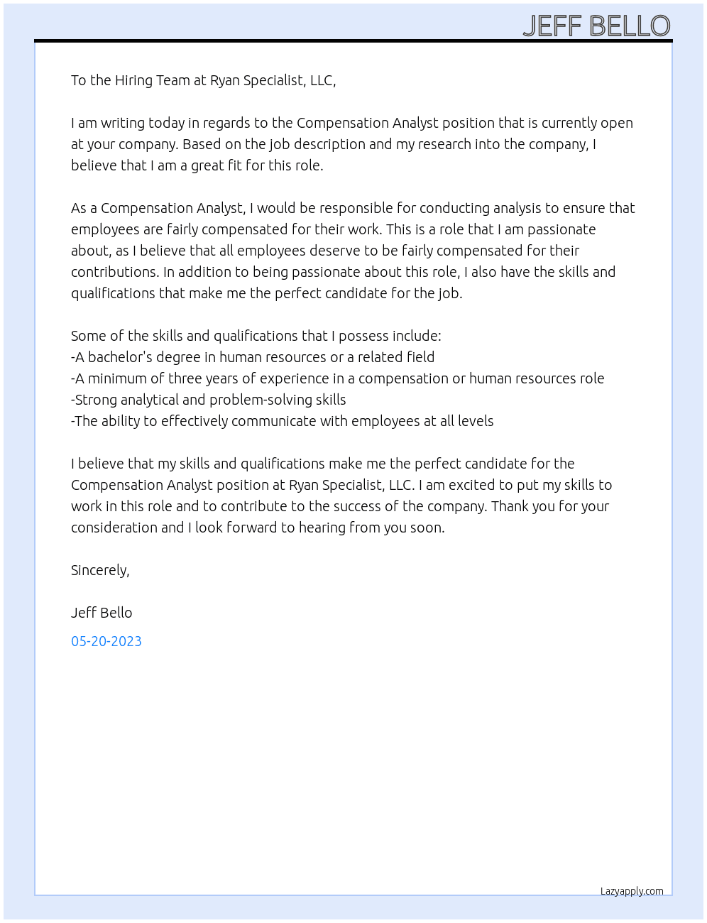 Compensation Analyst At Ryan Specialist, LLC Cover Letter