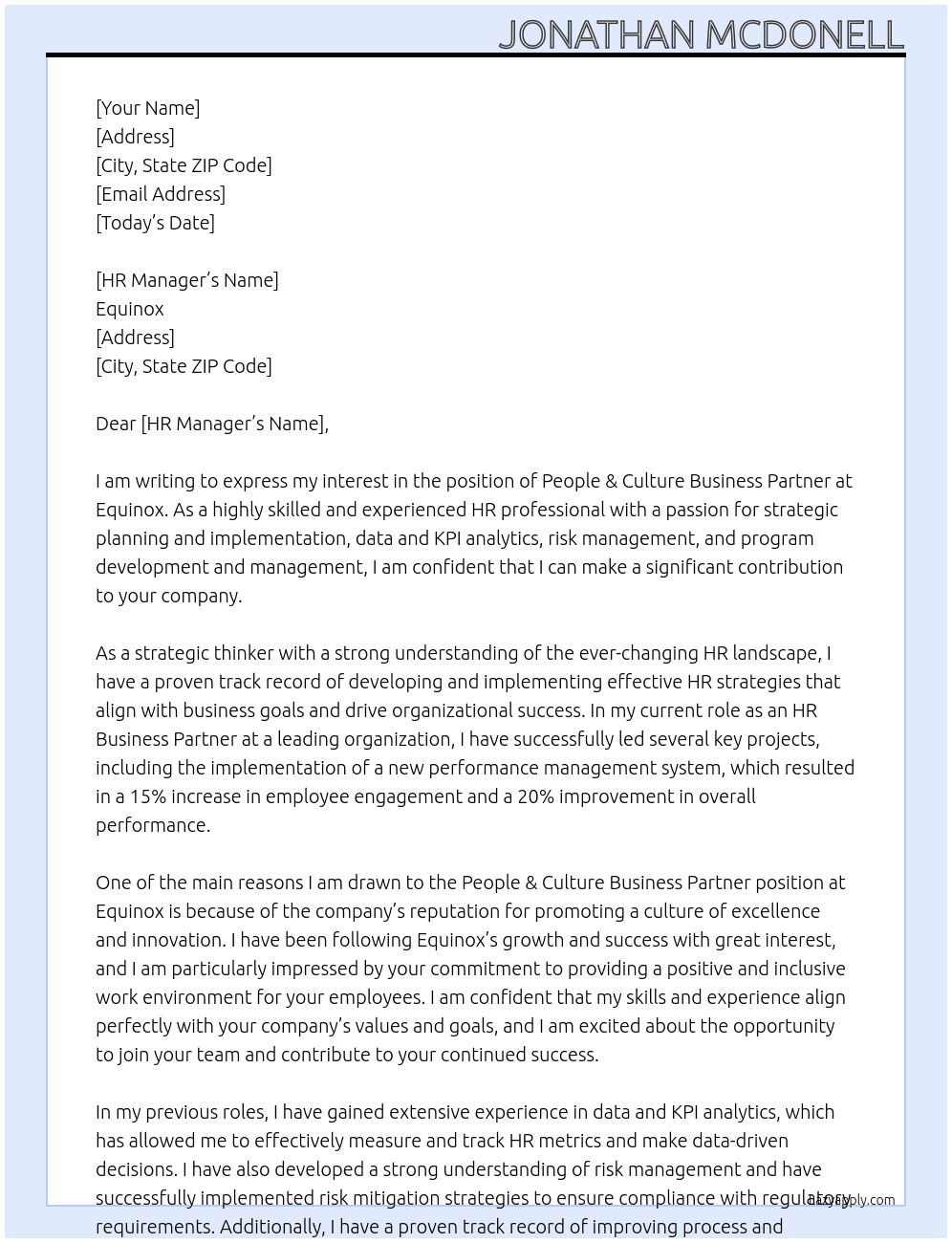 People & Culture Business Partner At Equinox Cover Letter
