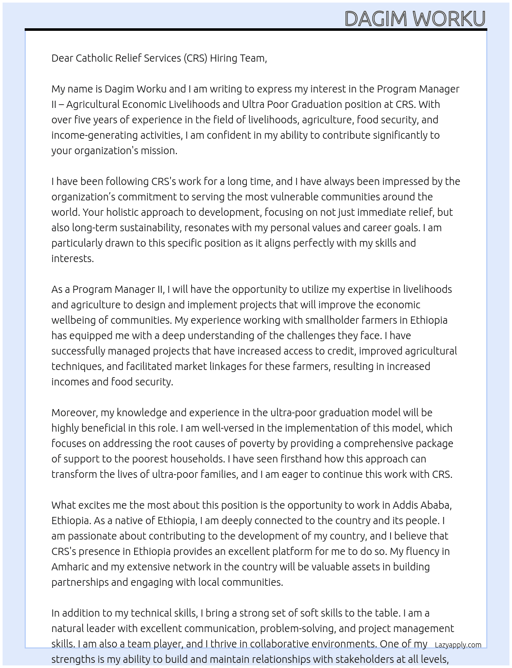 Program Manager II – Agricultural Economic Livelihoods and Ultra Poor Graduation At Catholic Relief Services’ (CRS) Cover Letter