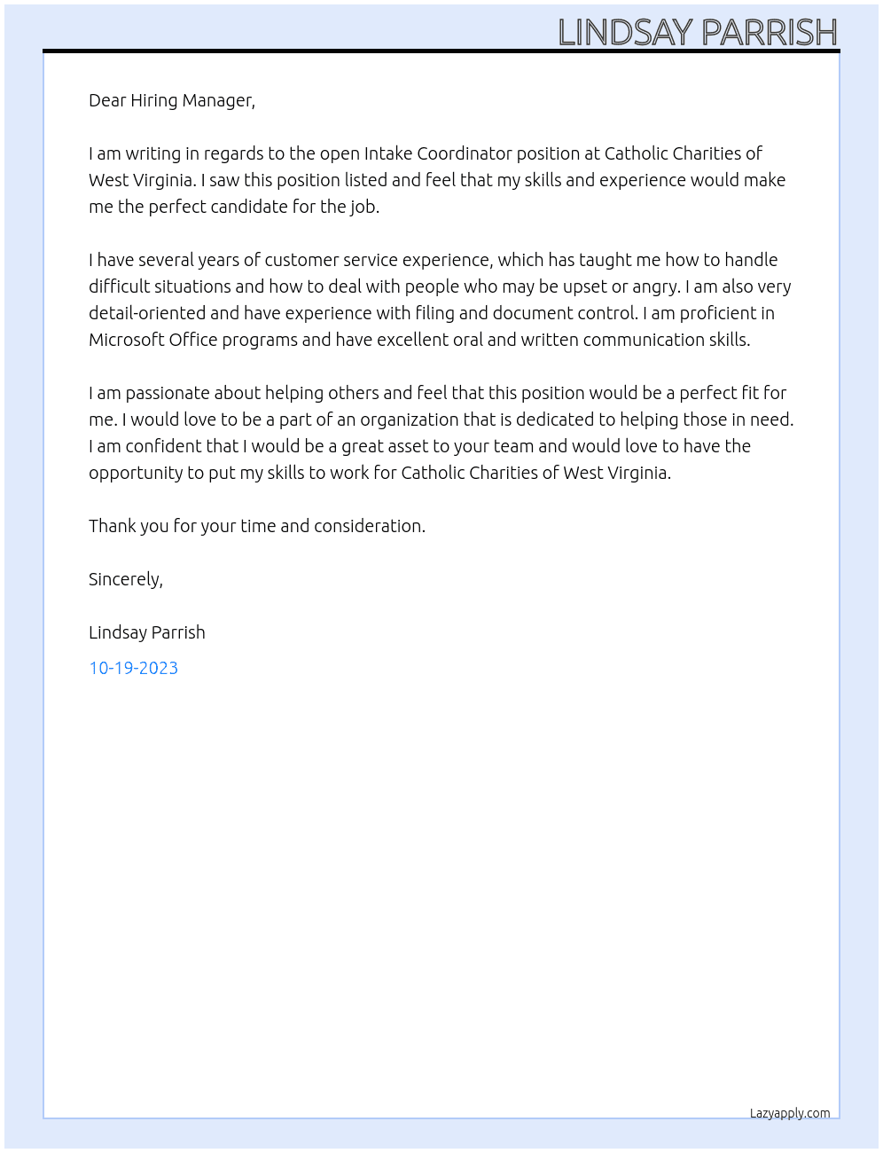 Intake coordinator  At Catholic Charities of West Virginia  Cover Letter