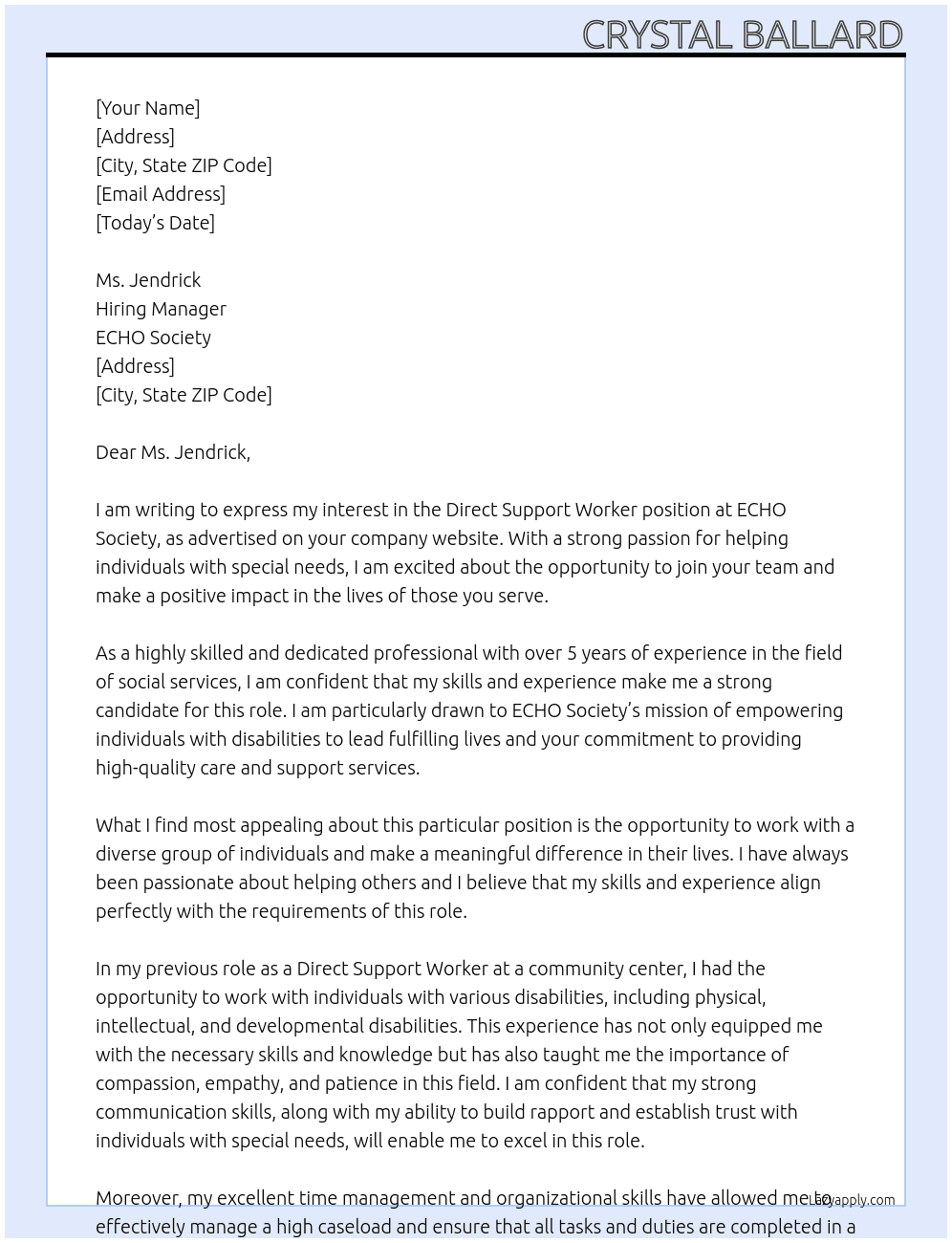 Direct Support Worker At ECHO Society Cover Letter