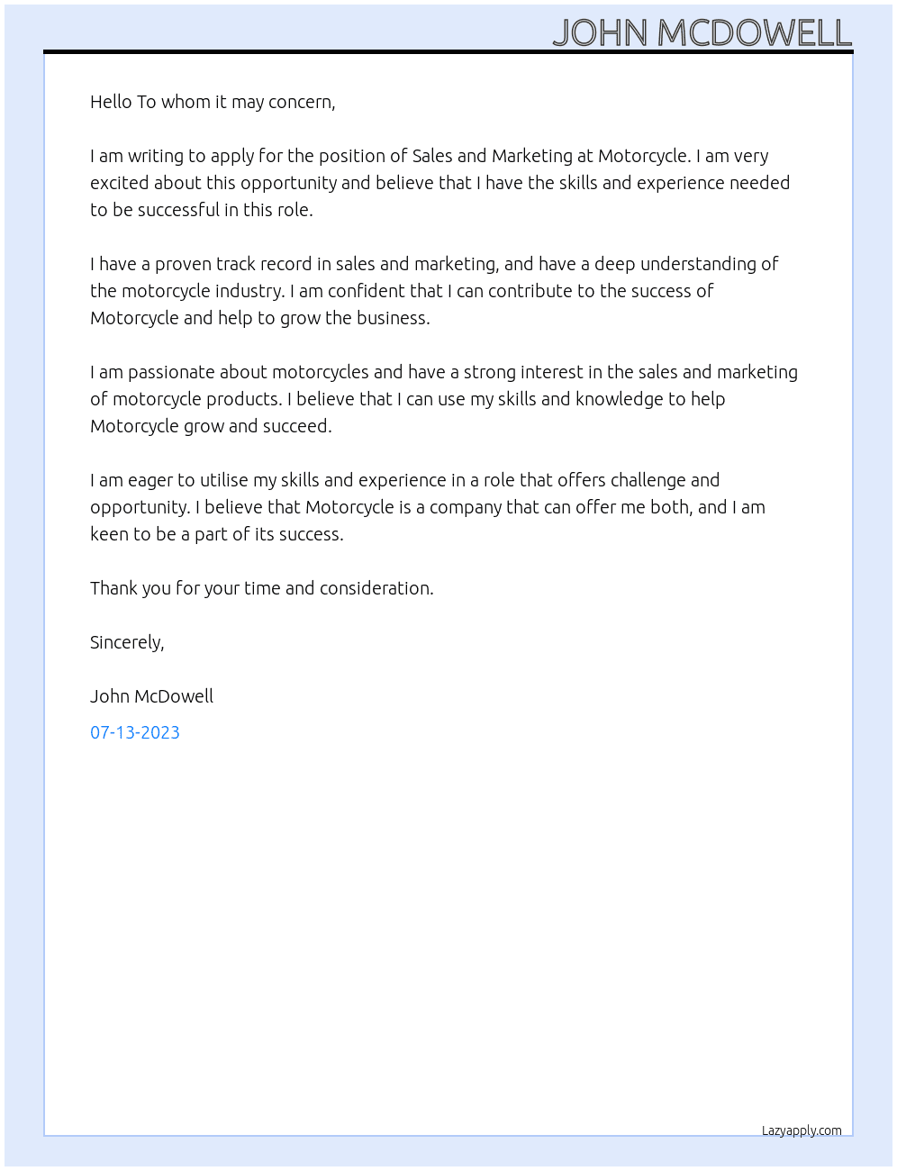 Sales and Marketing At Motorcycle Cover Letter