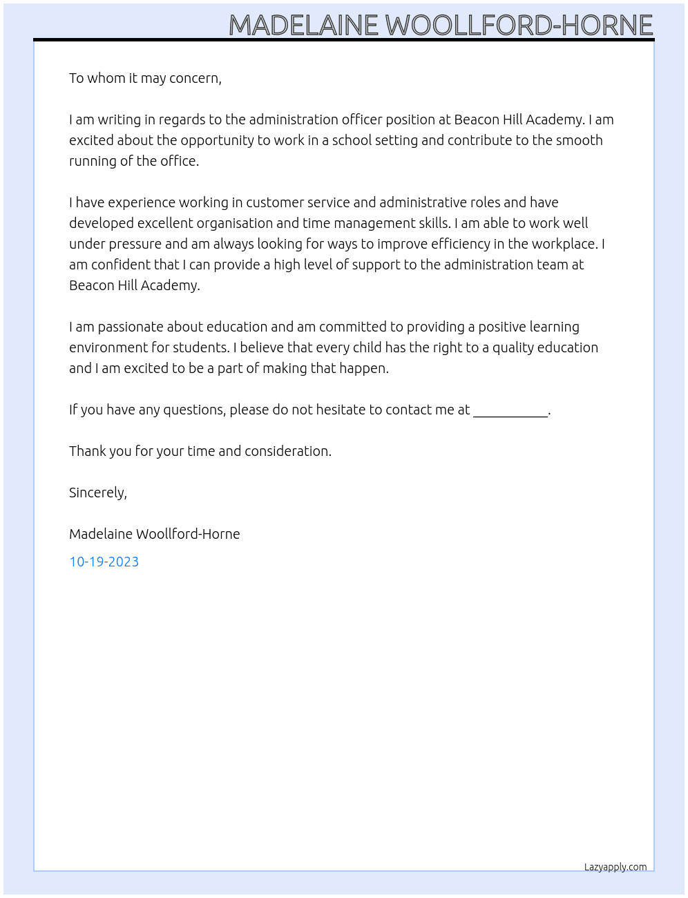 administration officer At Beacon Hill Academy Cover Letter