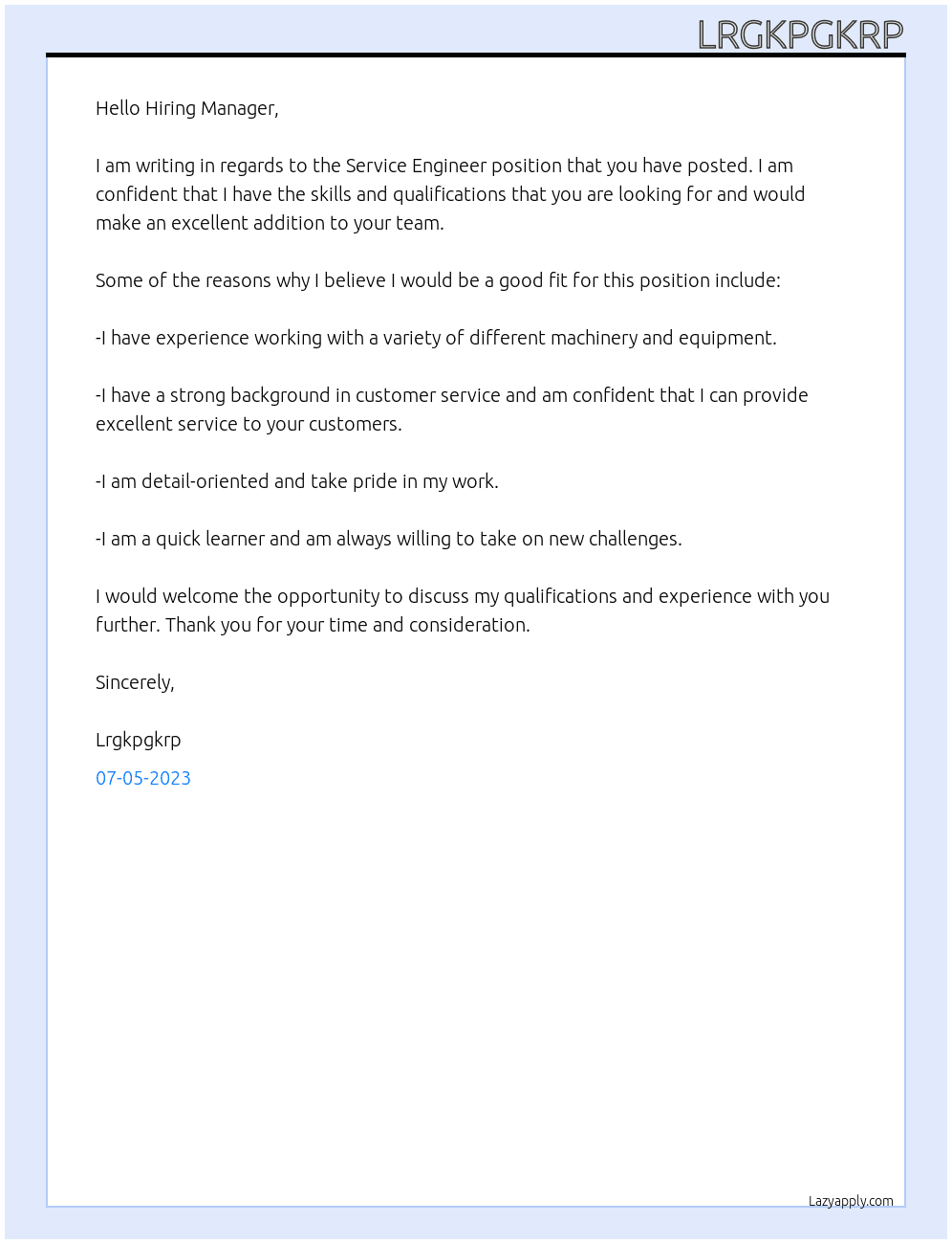 Service Engineer At Lrgkpgkrp Cover Letter