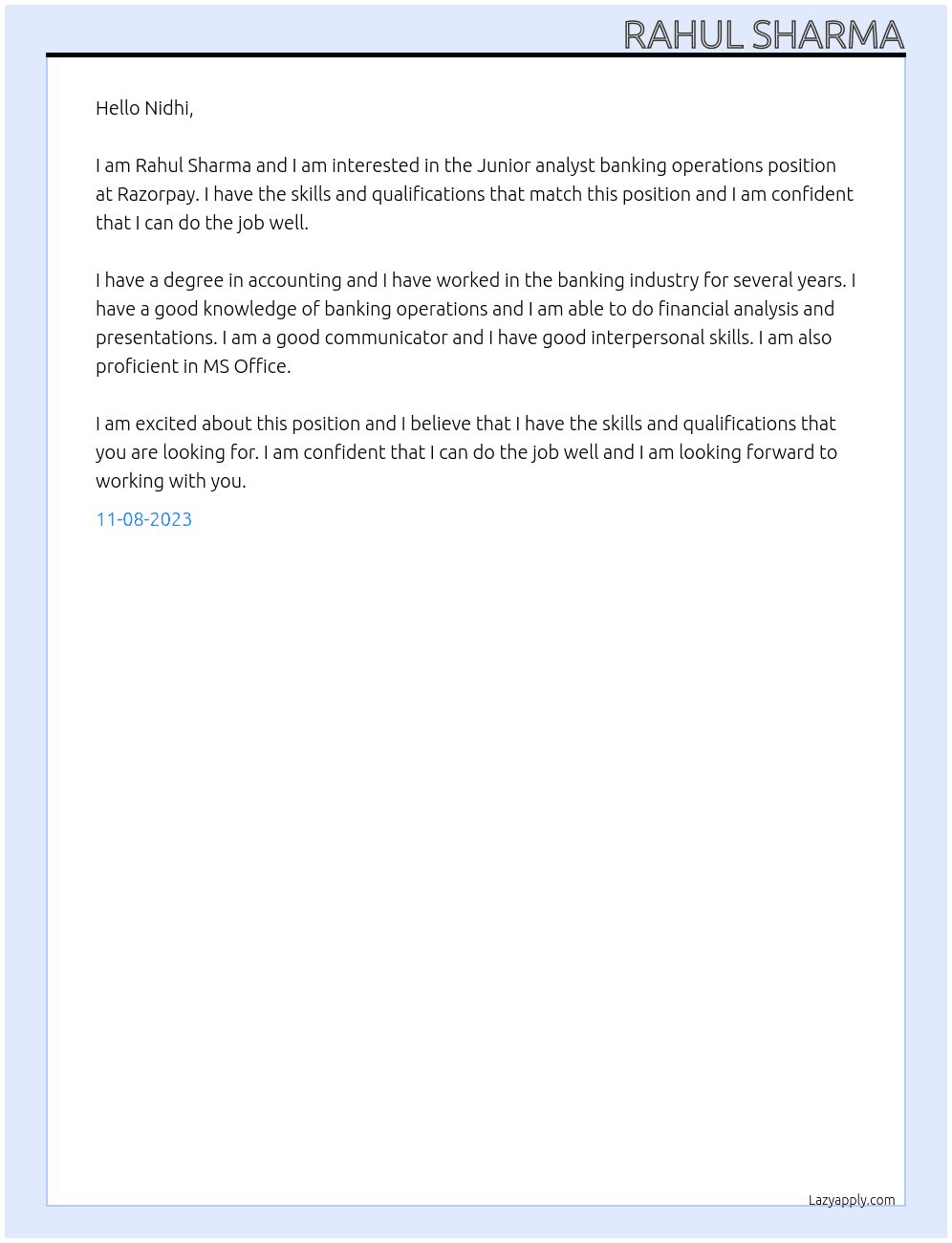 Junior analyst banking operations  At Razorpay Cover Letter