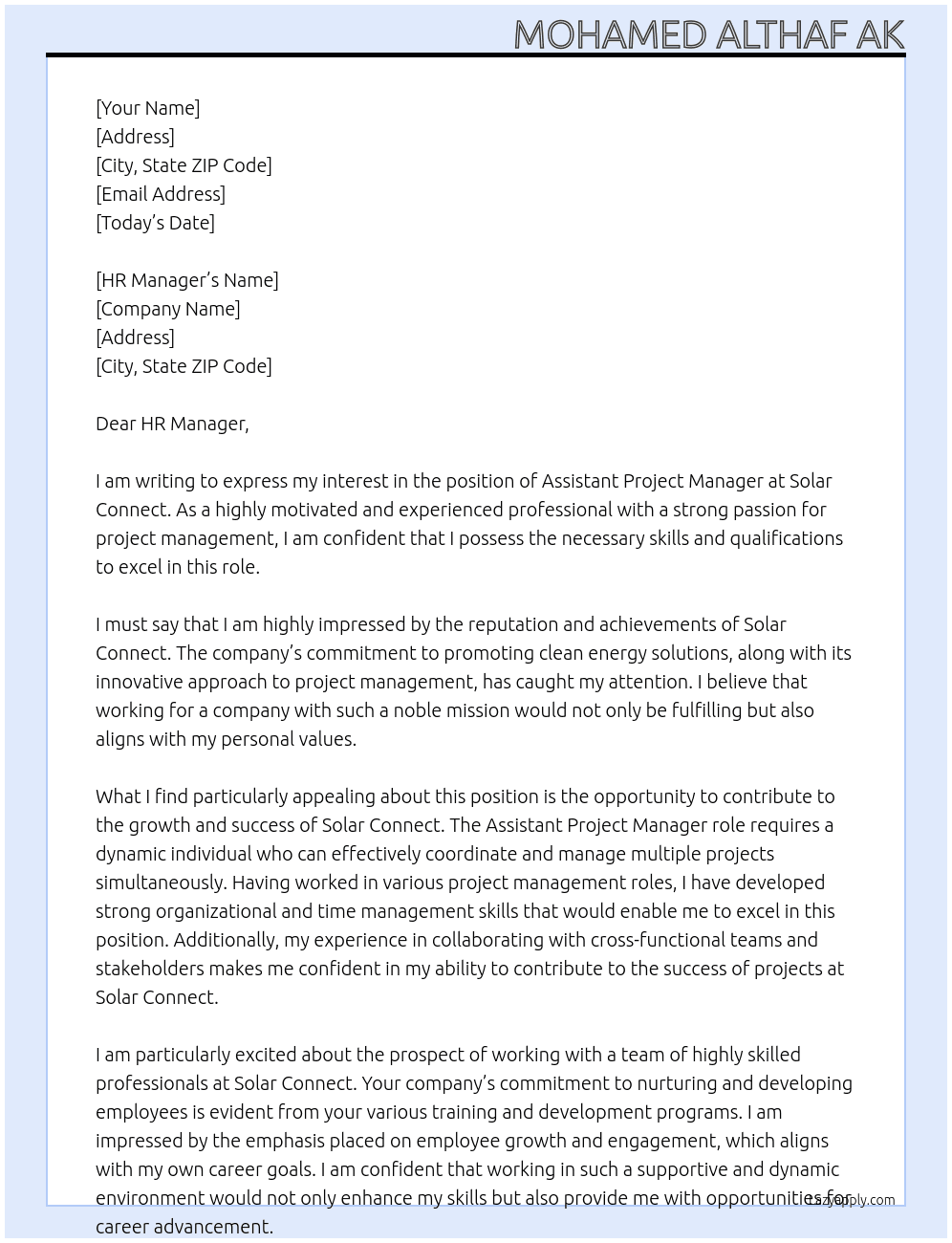 Assistant Project Manager At SOLAR CONNECT Cover Letter