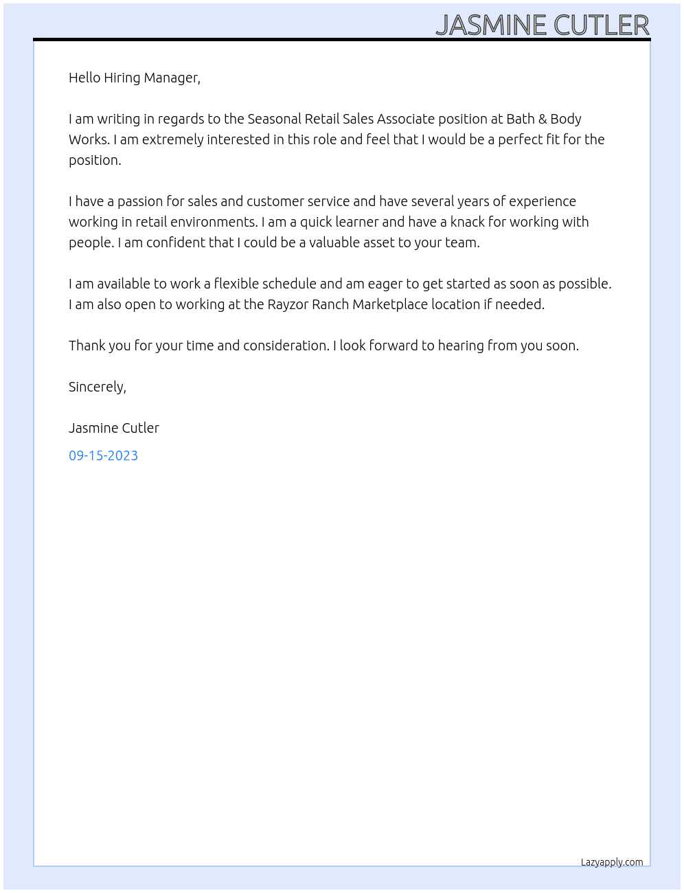 Seasonal Retail Sales Associate At Bath & Body Works Cover Letter