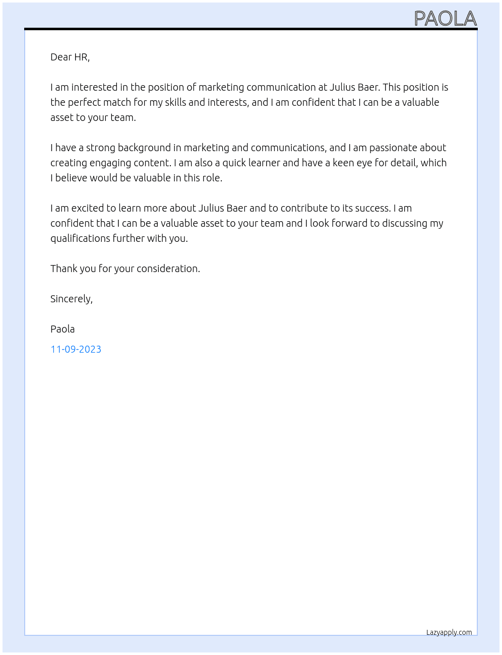 marketing communication no code At Julius Baer Cover Letter