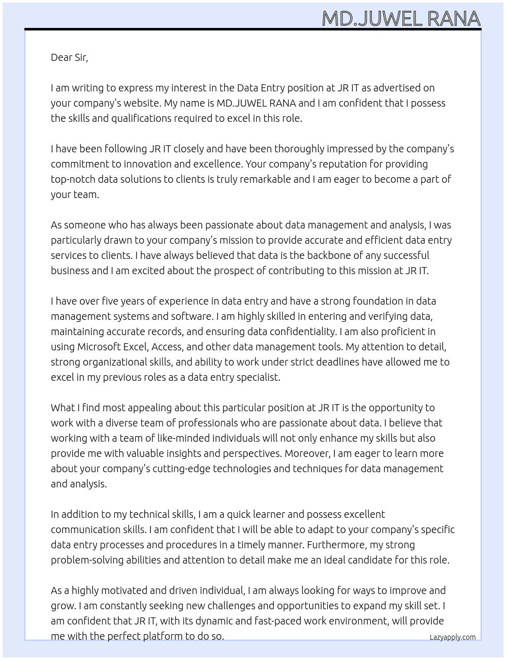 Data entry  At JR IT Cover Letter