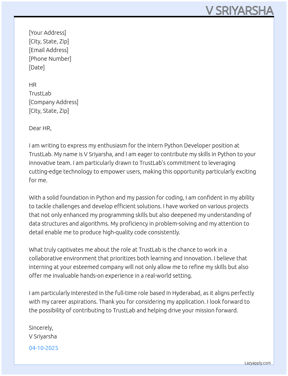 Cover letter for intern python developer - LazyApply
