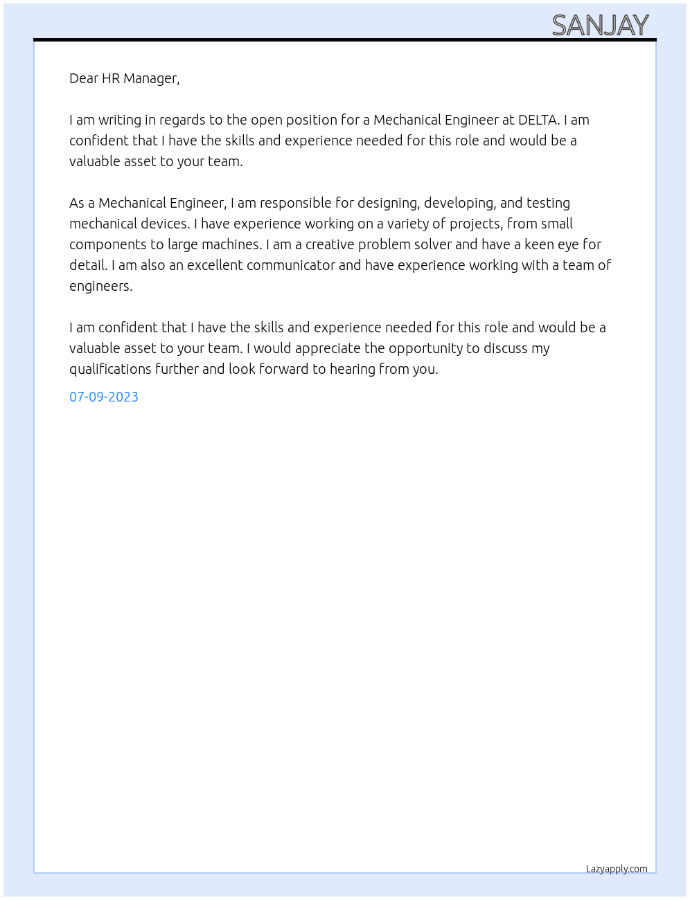 Mechanical Engineer At DELTA Cover Letter