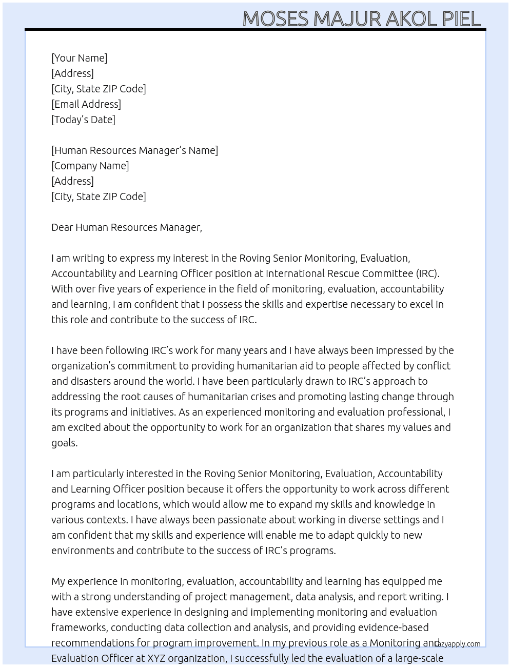Roving Senior Monitoring, Evaluation, Accountability and Learning Officer  At International Rescue Committee (IRC)  Cover Letter