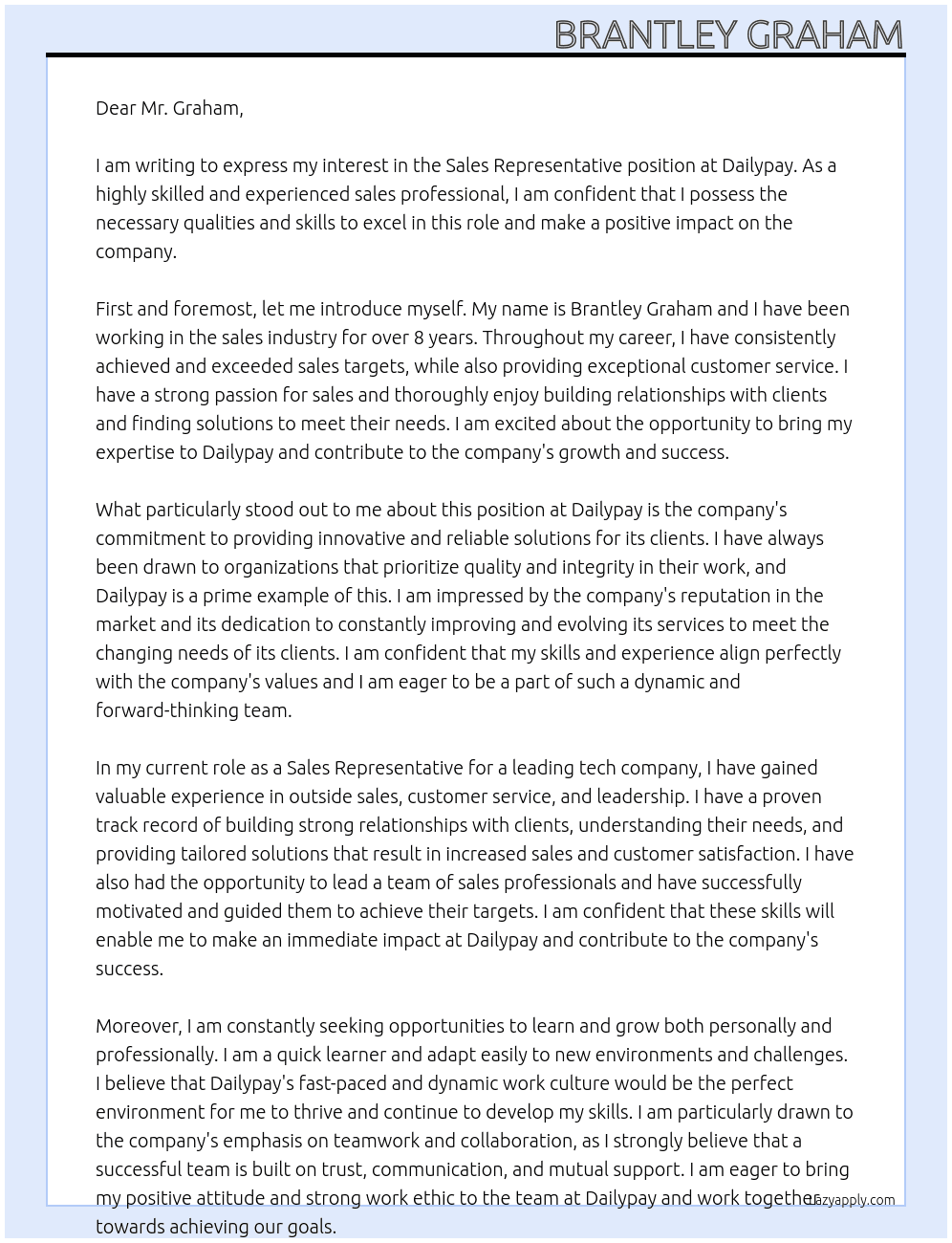 sales representitive  At Dailypay Cover Letter