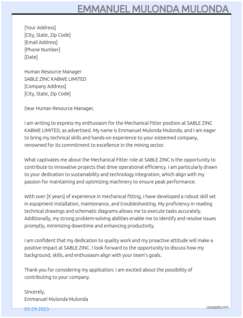 Mechanical fitter  At SABLE ZINC KABWE LIMITED Cover Letter