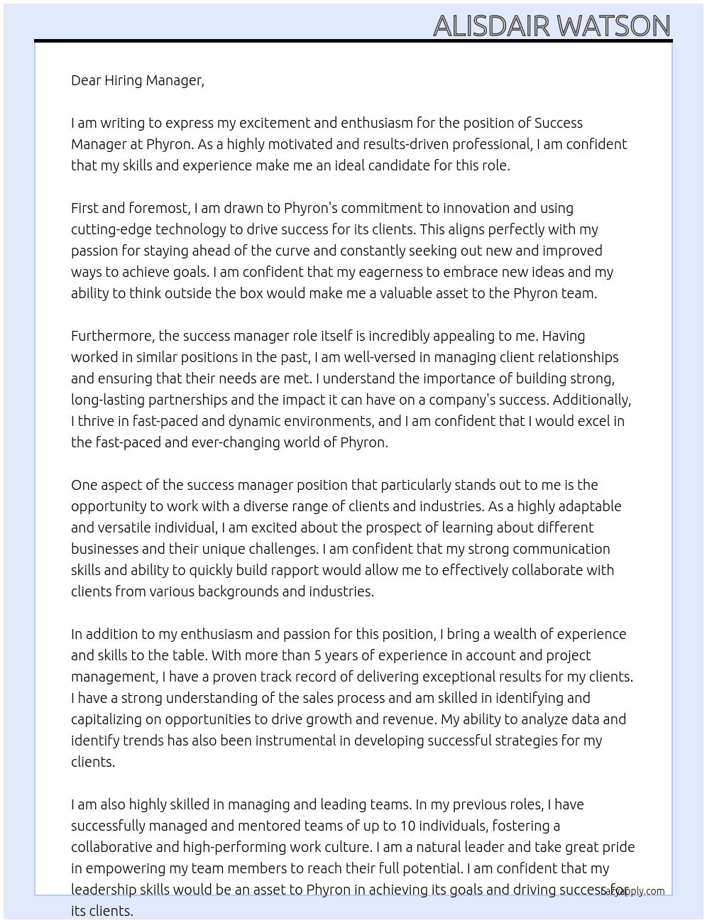Success Manager At Phyron Cover Letter