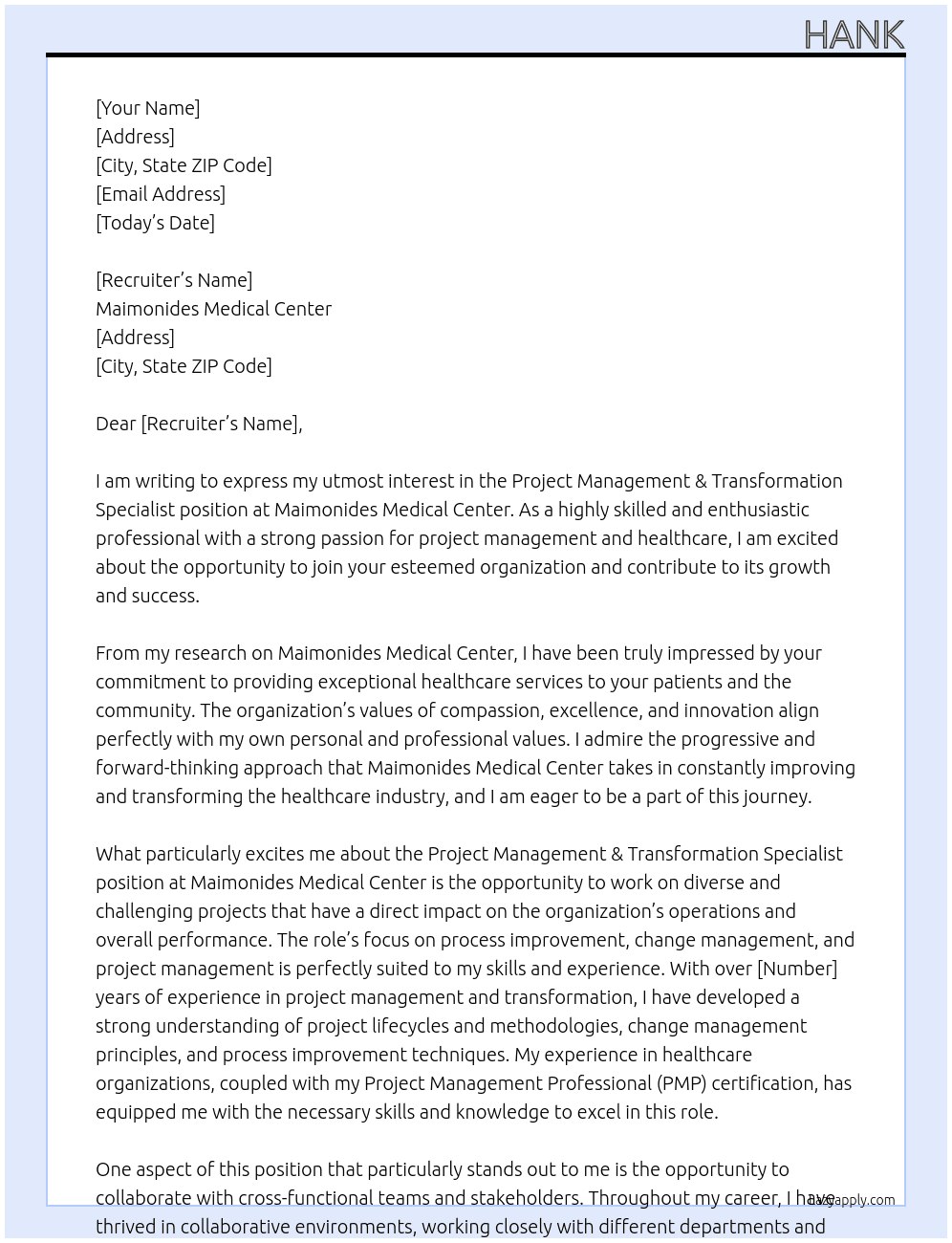 Project Management & Transformation Specialist At Maimonides Medical Center Cover Letter