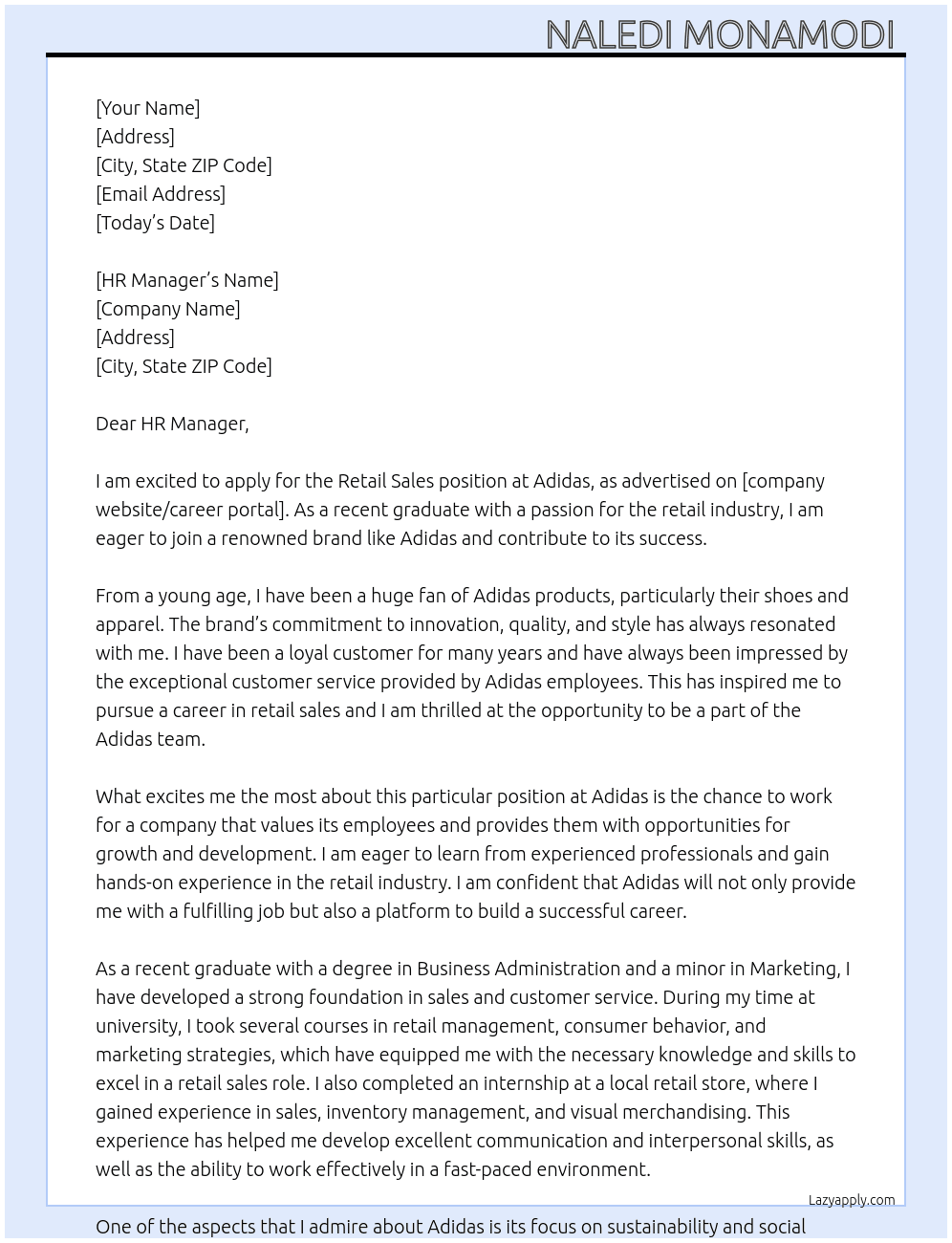 Retail Sales  At Adidas Cover Letter