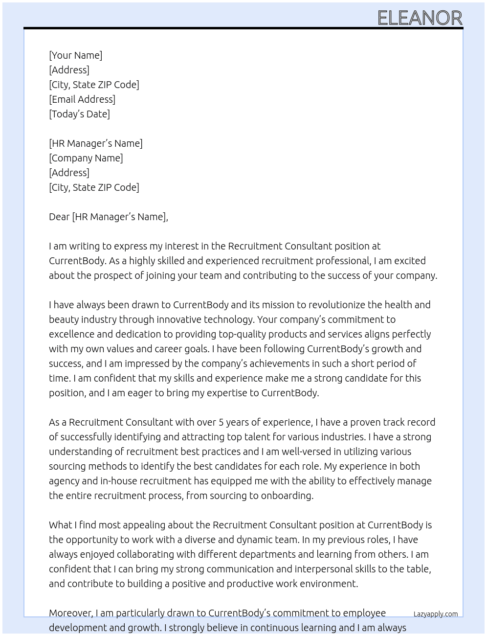 Recruitment Consultant At CurrentBody Cover Letter
