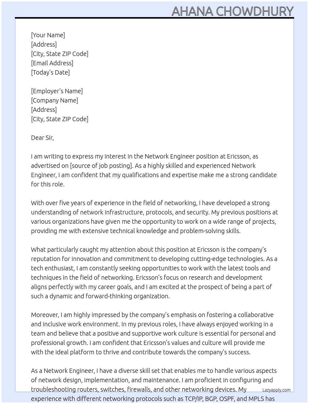 NETWORK ENGINEER At Ericsson Cover Letter