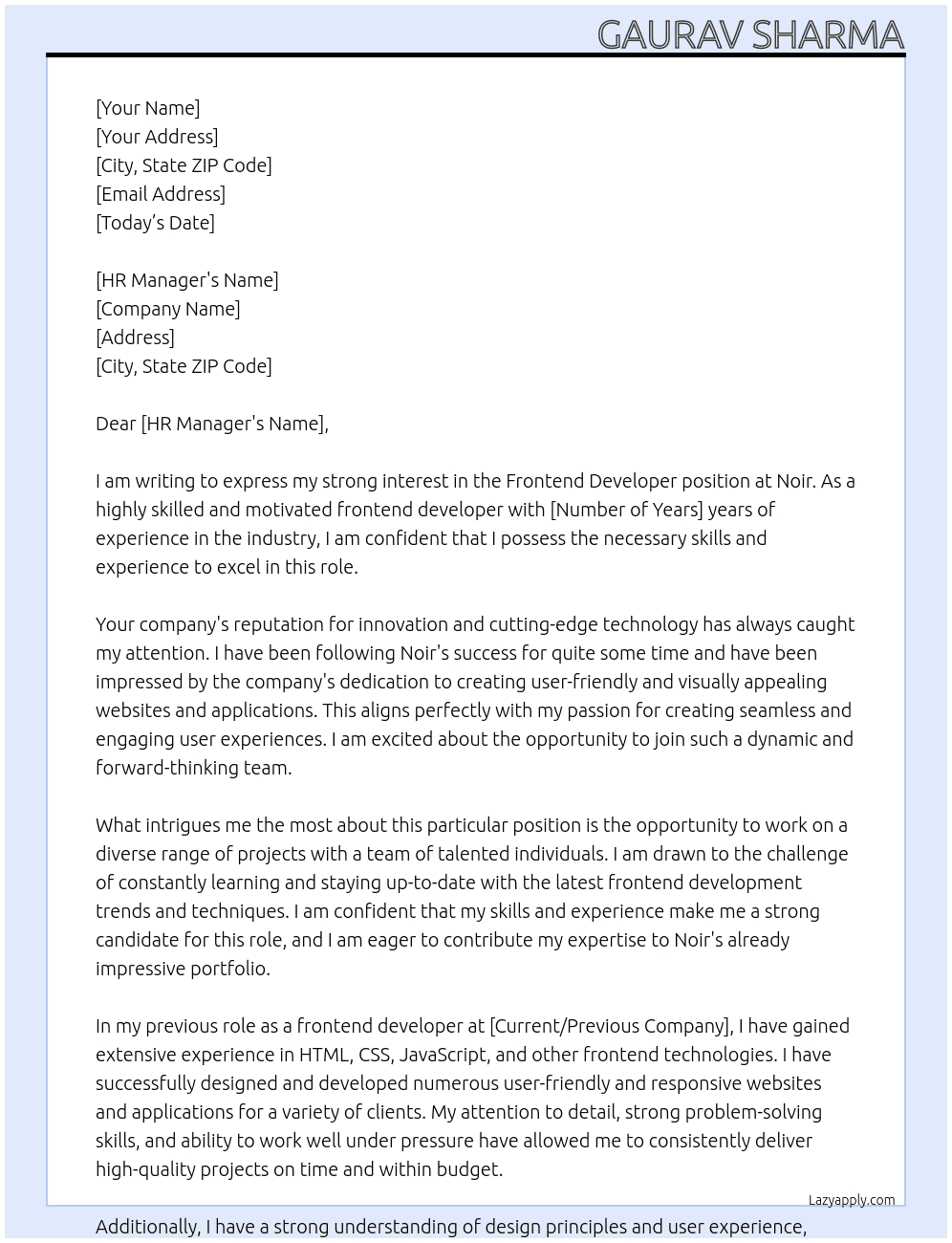 Frontend Developer At Noir Cover Letter
