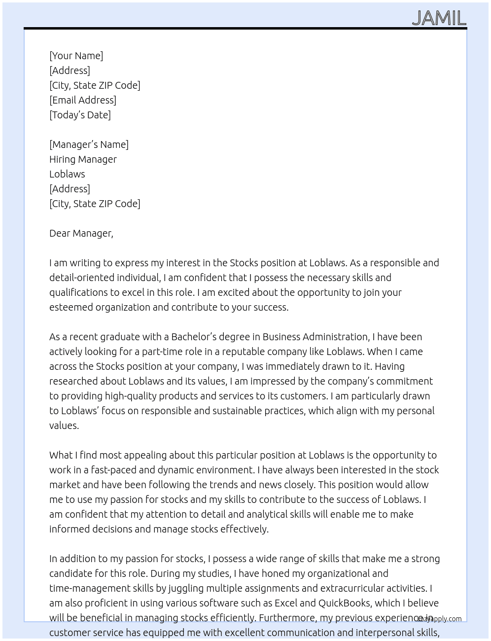 Stocks At Loblaws Cover Letter