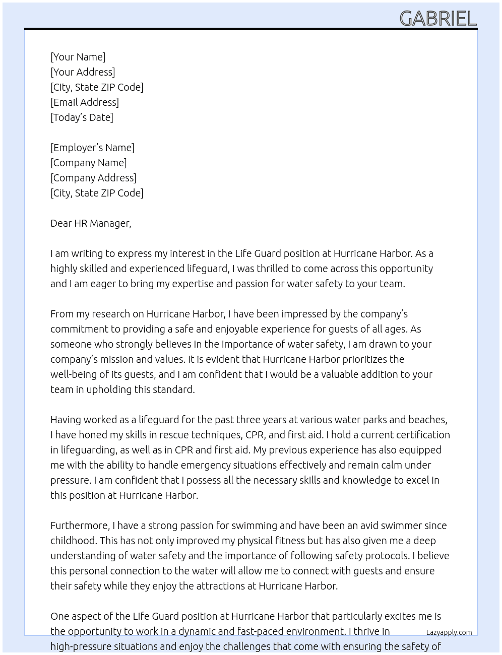 Life guard At Hurricane harbor Cover Letter