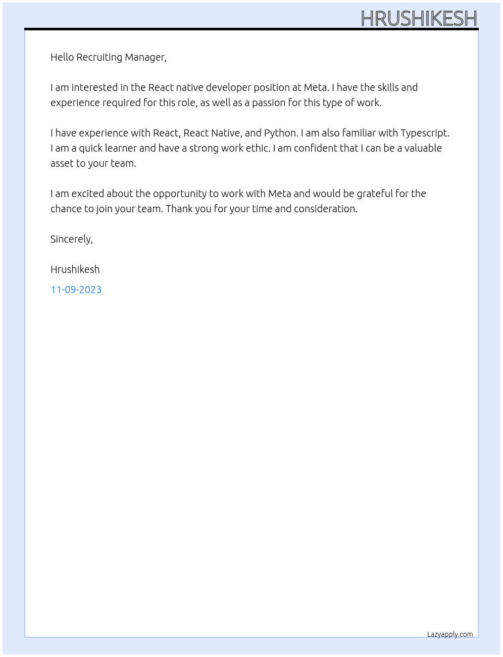 React native developer At Meta Cover Letter