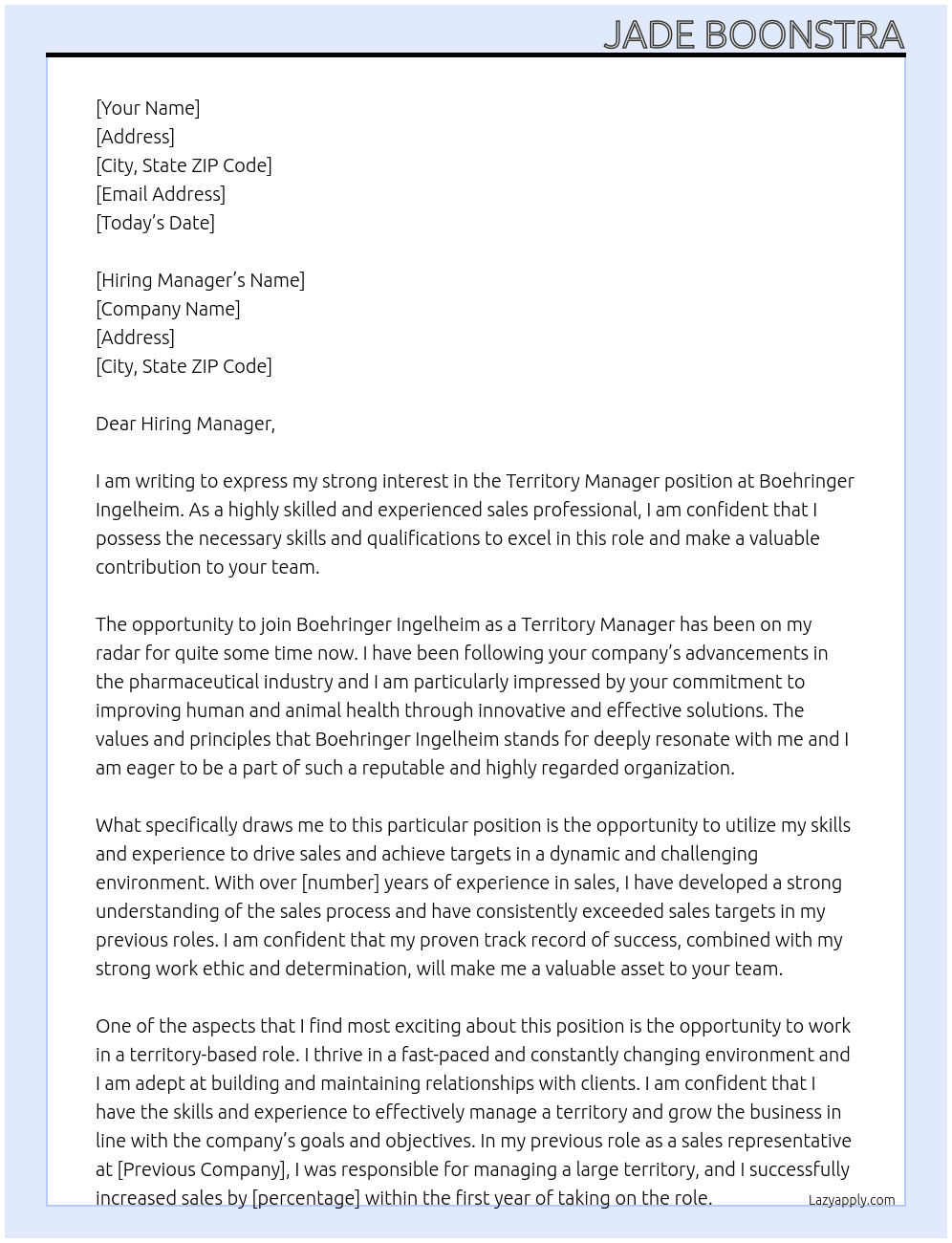 Territory Manager  At Boehringer Ingelheim  Cover Letter
