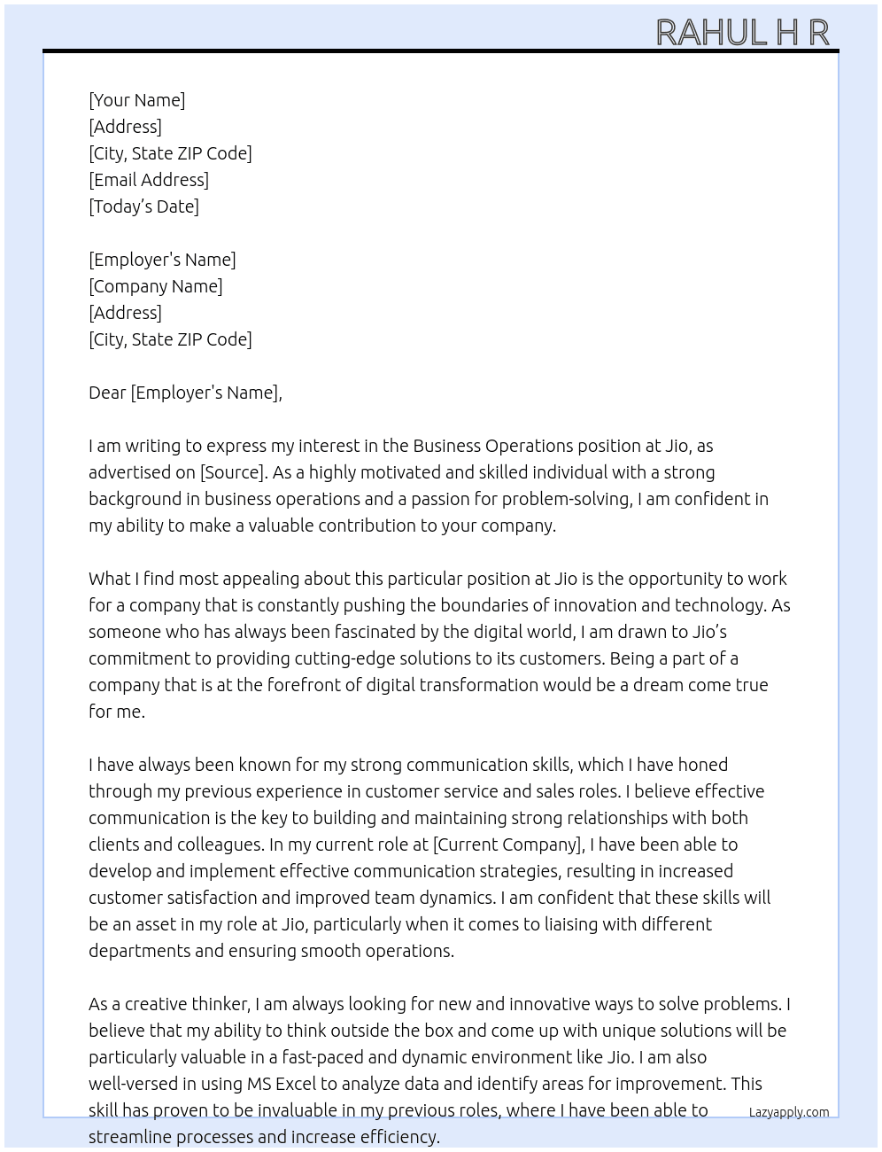 Business operations  At Jio Cover Letter