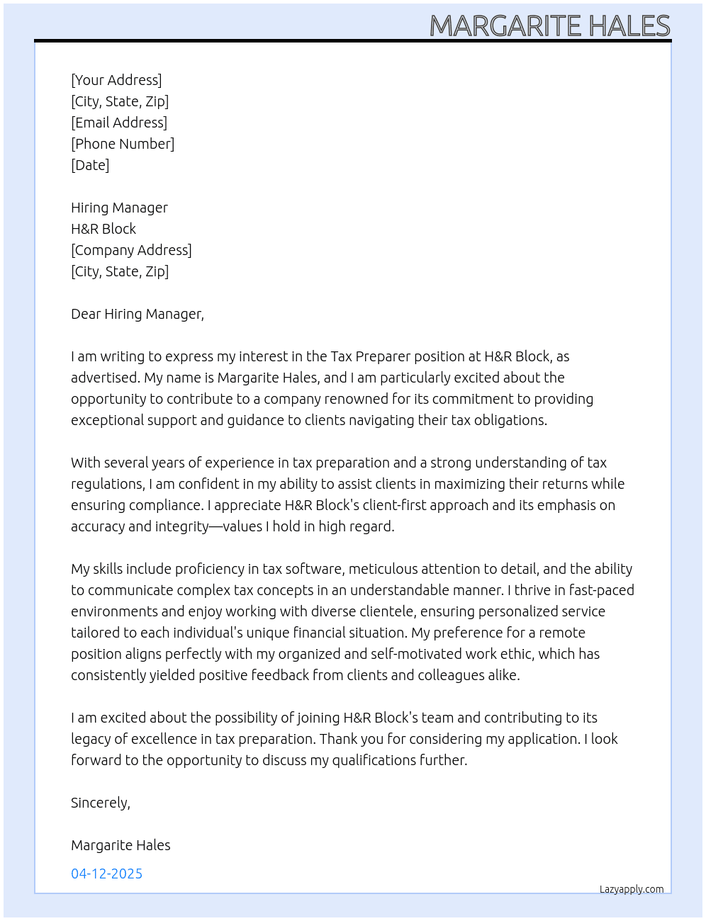 Tax Preparer At H&R Block Cover Letter