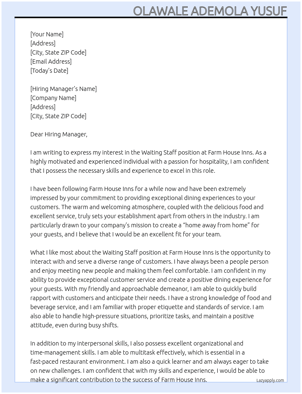 waiting staff At farm house inns Cover Letter